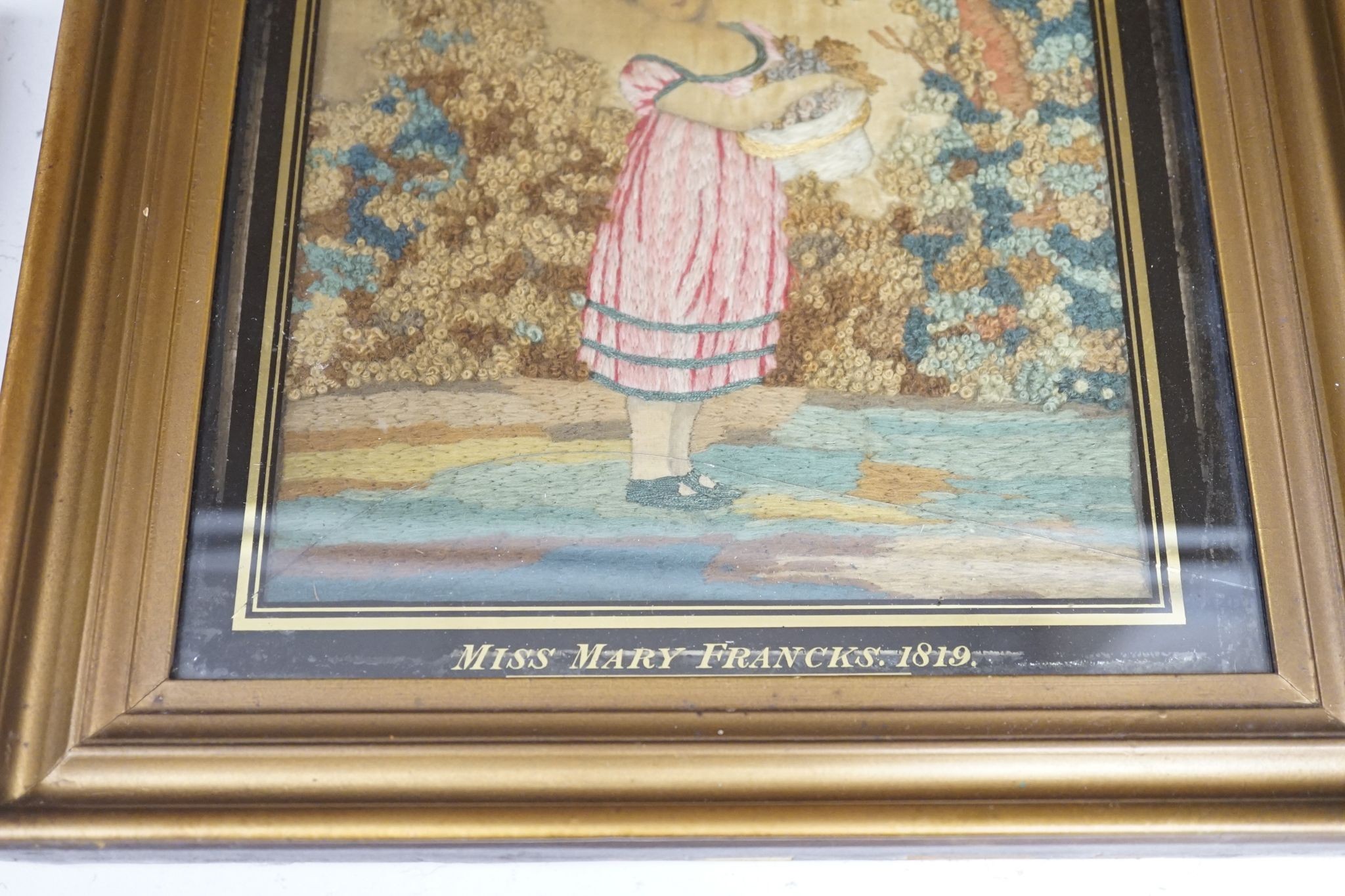 A Regency woolwork picture, entitled Mother’s Joy, named Miss Mary Francks and dated 1819, 30 x 22cm
